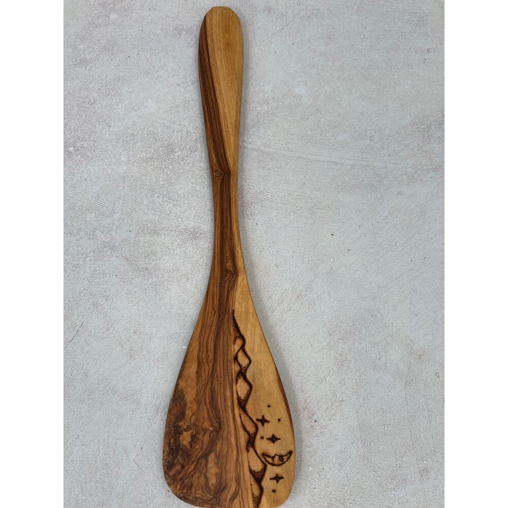 Engraved Olive Wood Spatula/ Cooking Utensil Mountains Moon and Stars Sketching
